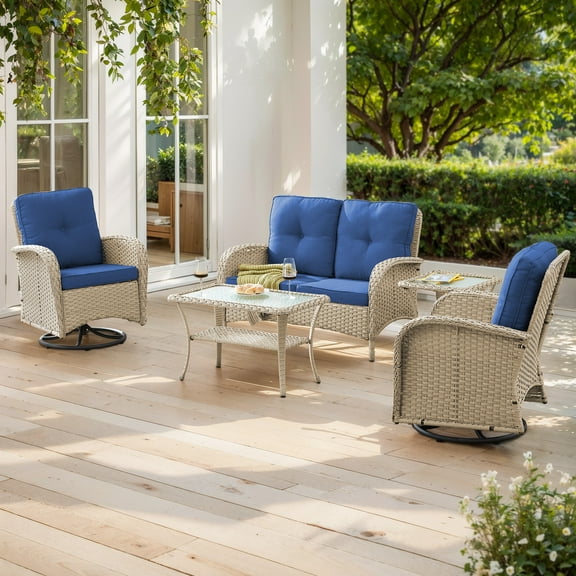 Opohoro 5-Piece Outdoor Conversation Set with Swivel Rocking Chairs, Patio Loveseat, Coffee & Side Tables, Light Beige/Blue