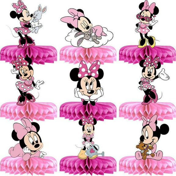 Birthday Party Table Decorations - 9 Pcs Minnie Birthday Centerpieces for Tables Rainbow Honeycomb Centerpieces Table Toppers for Girls Boys Theme Party Supplies, Photo Booth Props