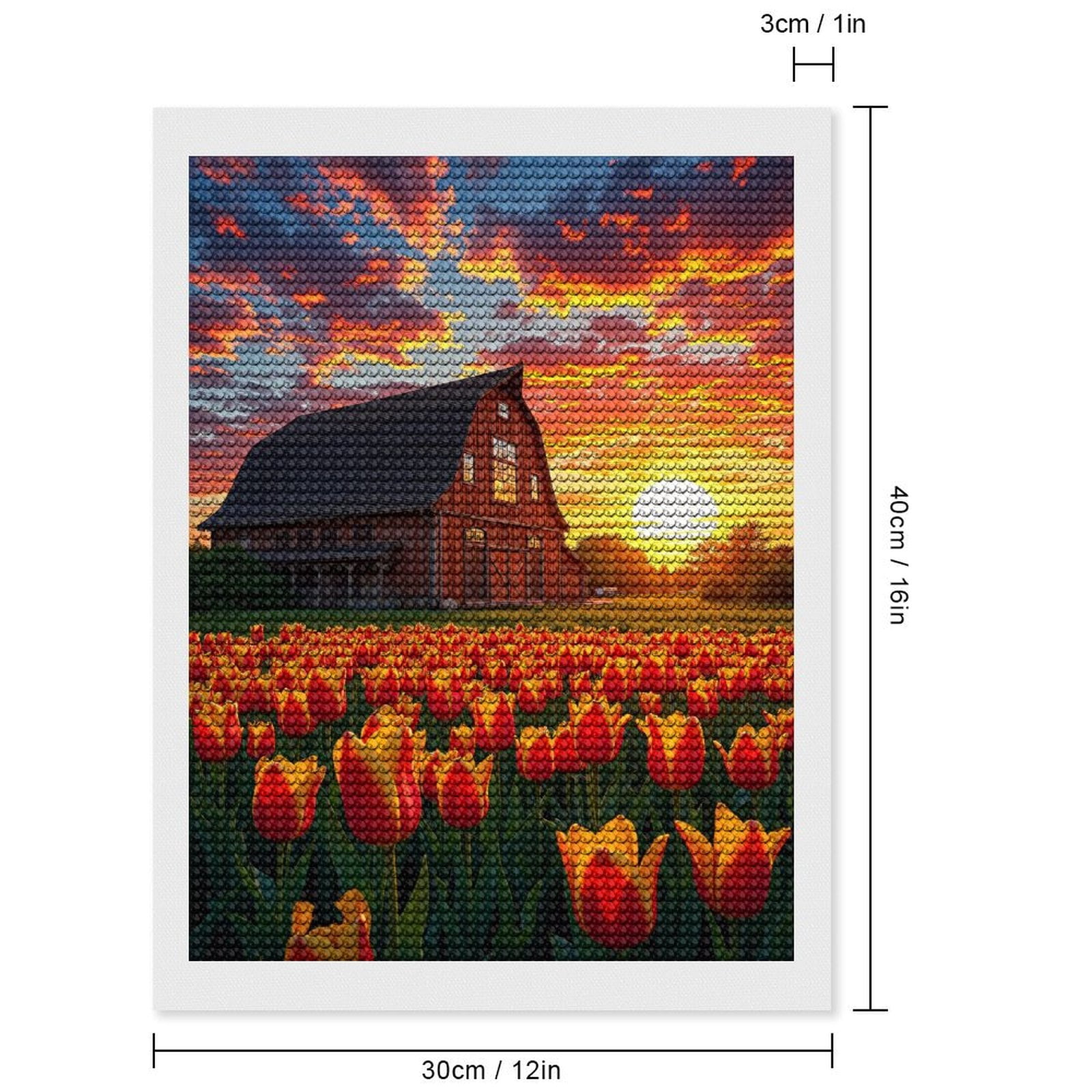 Diamond Art Kits for Adults, Sunset Tulips Barn Landscape 5D Diamond Painting Kits for Adults Beginners, DIY Full Drill Diamond Painting, Gem Art and Crafts 12x16