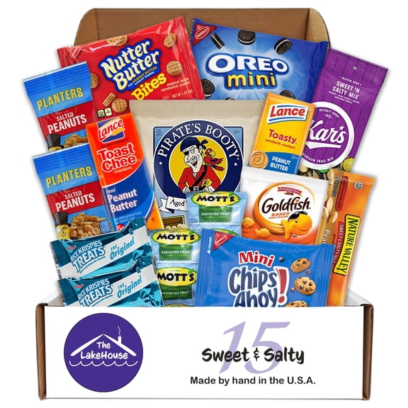Care Package for College Students 15 Count, Military, Finals, Birthday, Office Snacks, Road Trips and Camp Care Package with Chips, Cookies and Candy From The LakeHouse