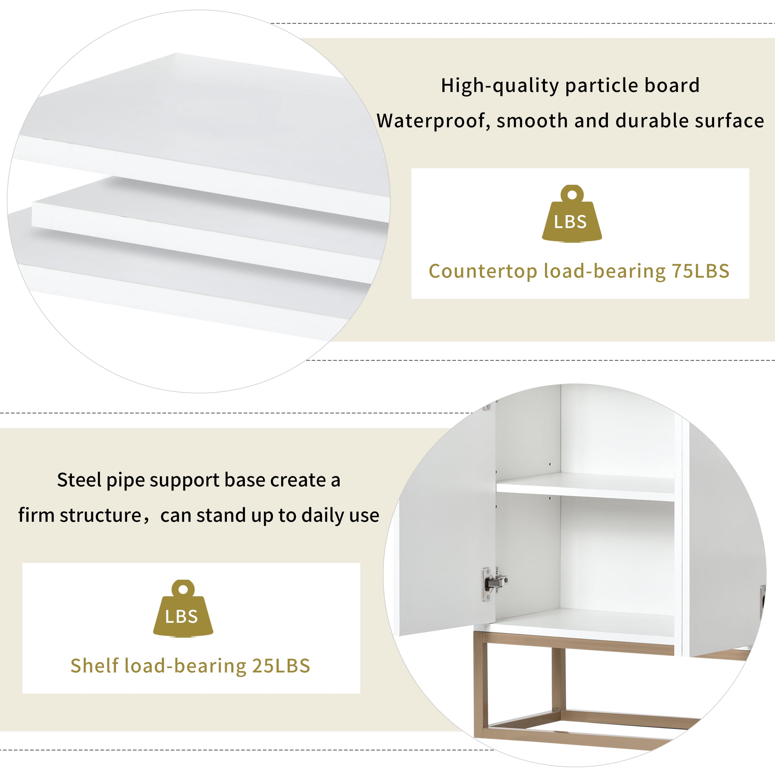 EUROCO 47.2'' Modern Sideboard Storage Buffet Cabinet, Particle Board Buffet Cabinet with 4 Doors, Adjustable Shelves and Gold Metal Legs for Dining Room, Entryway, White