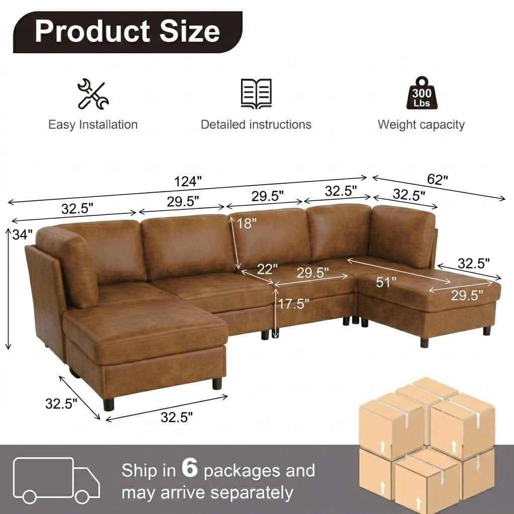 Howcool 124" U Shaped Modular Sectional Sofa, 6 Seat Oversized Cloud Couch with 2 Movable Ottomans, Deep Seat Corner Sofa with Chaise for Living Room, Modern Upholstered Couch, Light Brown