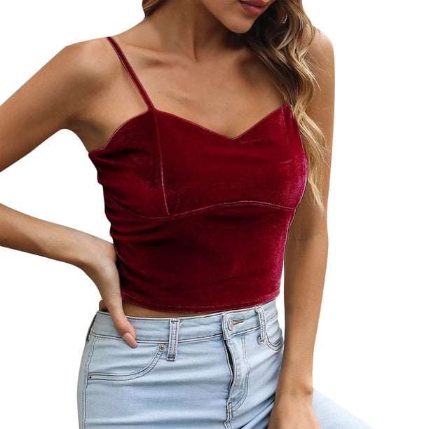 Gibobby Blusa corta de terciopelo con ombligo descubierto para mujer(Vino,CH)