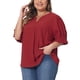 thumbnail image 4 of Blusa de chiffon para mujer Agnes Orinda, talla grande, con escote en V, mangas cortas abullonadas, casual, color burdeos, 2X, 4 of 6