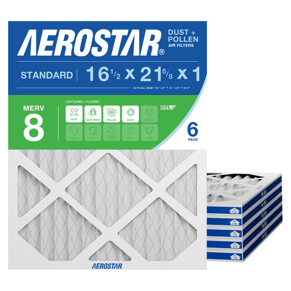 Aerostar 16 1/2x21 5/8x1 MERV 8 AC Furnace Air Filter, Pleated HVAC Filter, MPR 600 FPR 5, Allergen Defense, 6-Pack, Made in USA