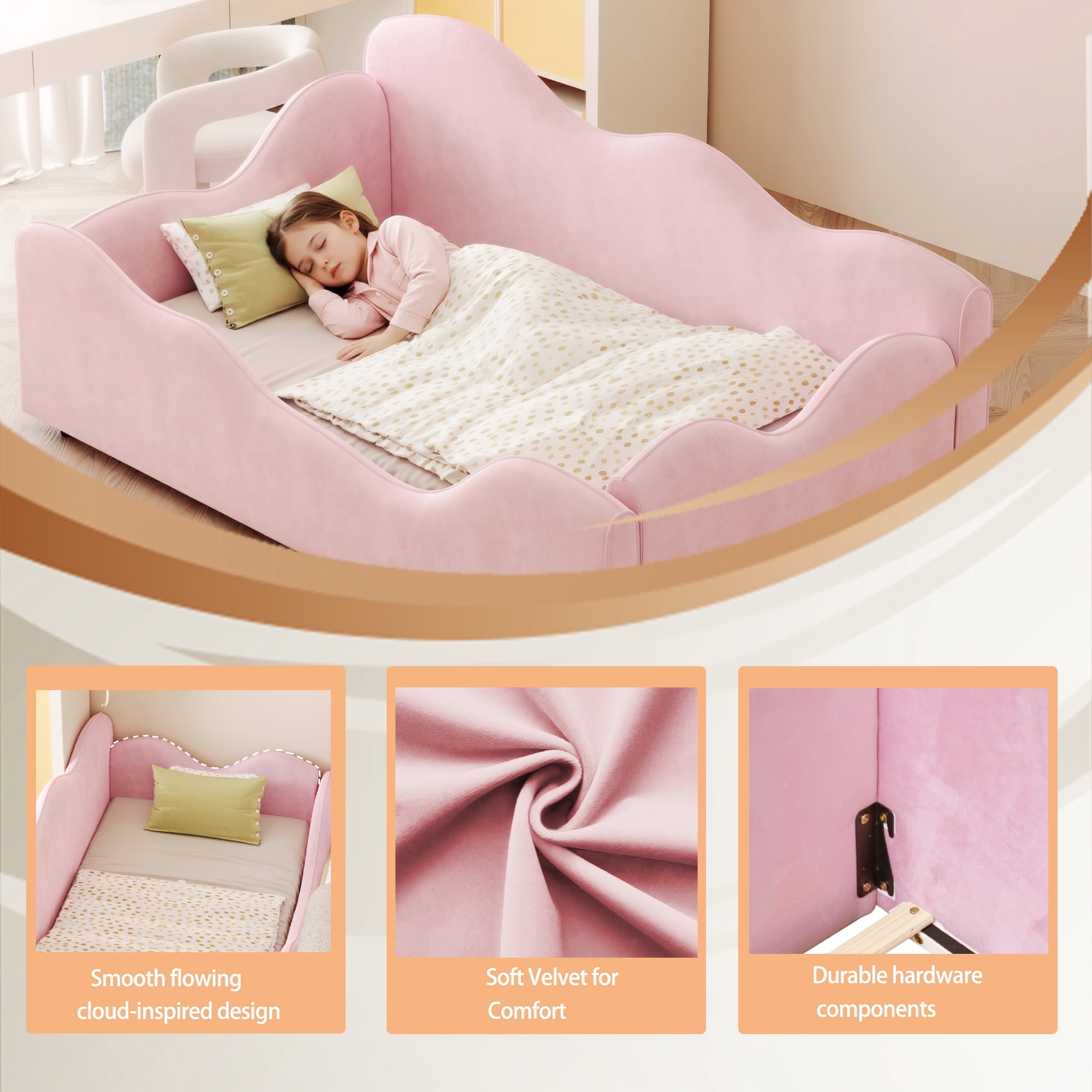 Euroco Upholstery Toddler Floor Bed with Guardrails, Pink