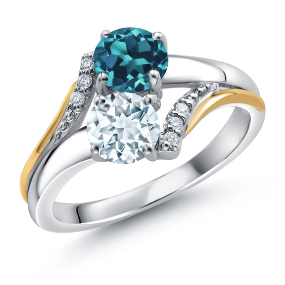 10K Yellow Gold and 925 Silver Sky Blue Aquamarine and London Blue Topaz and White Lab Grown Diamond Accent Engagement Ring for Women (1.23 Cttw, Gemstone March Birthstone, Round 5MM, Size 7)