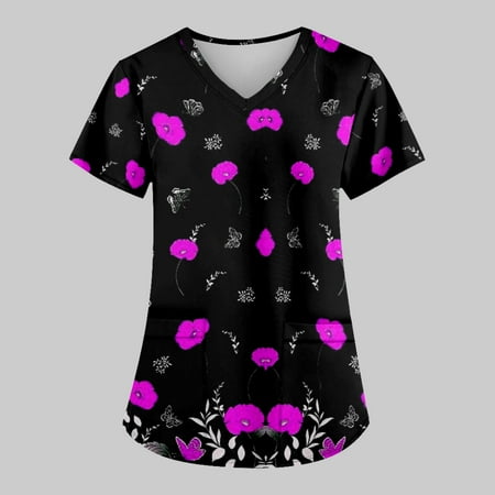 

Yubatuo Women Plus Size Scrubs Top with Pockets V-Neck Short Sleeve Animal Print Work Blouse for Women Purple S