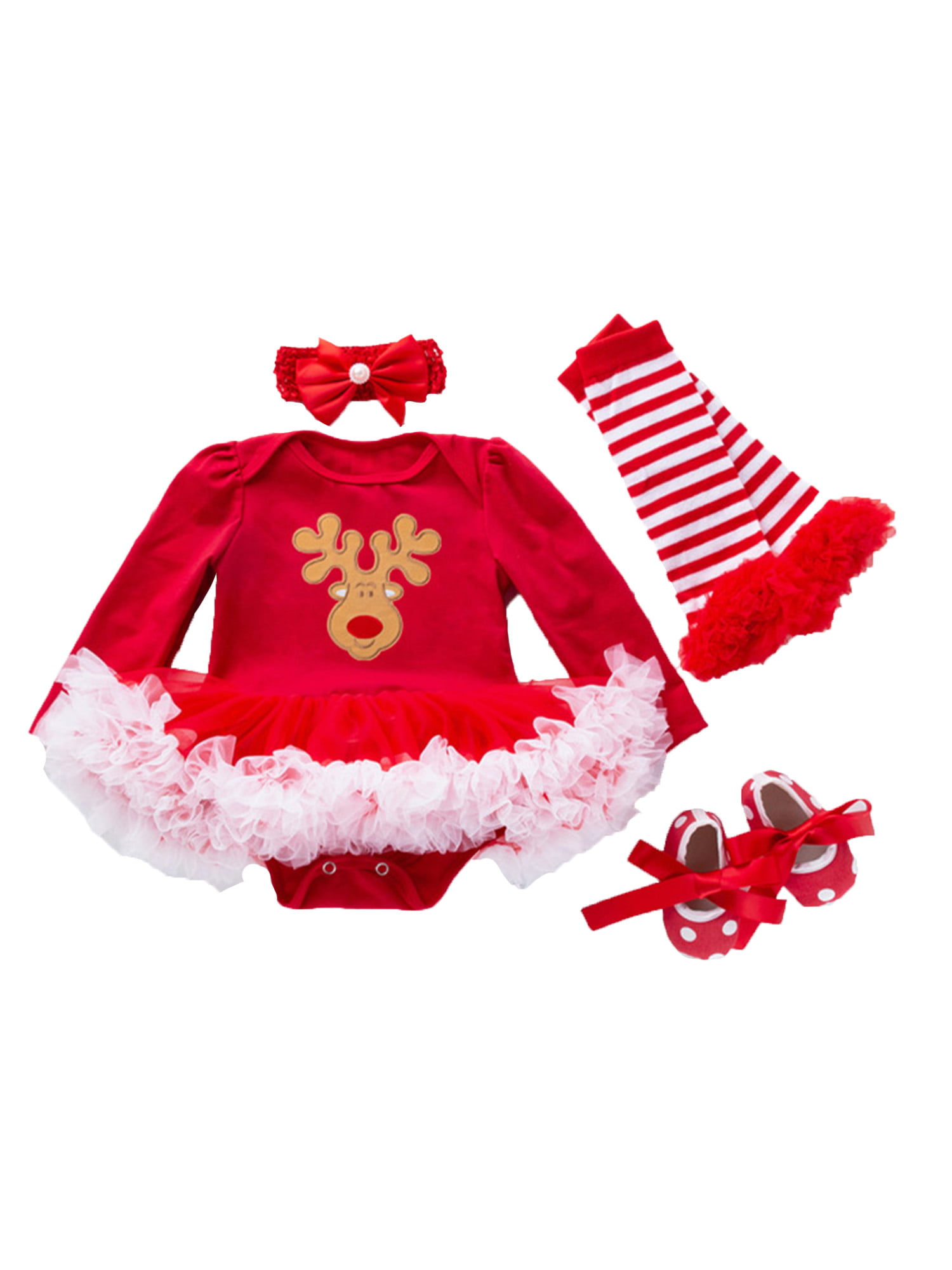 Infant Baby Girls My 1st Christmas Clothes Set Long Sleeve Tree Pattern Romper Mesh Tutu Skirt Warm Leg Headband Outfit