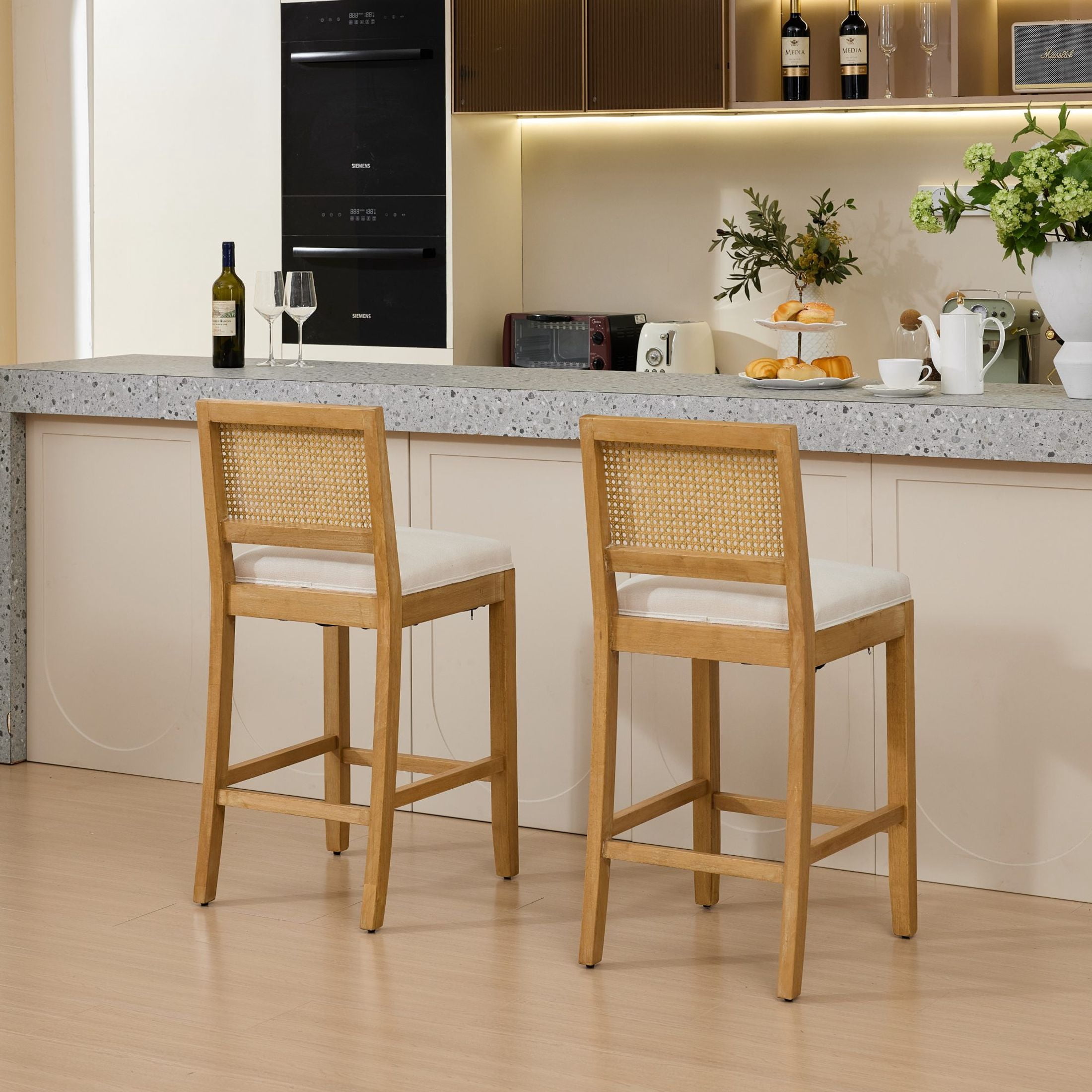 Noble House Set of 2 Rattan-Back Bar Stools, Linen Cushion, Solid Wood Frame, Beige