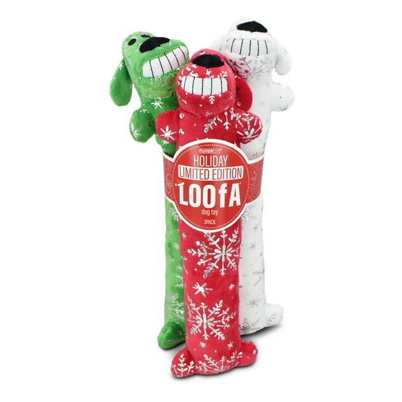 Multipet Plush Holiday Loofa Dog Toy with Sparkly Snowflakes, Stuffing & Squeaker, 3 pack with Red, Green & White, 12" Each