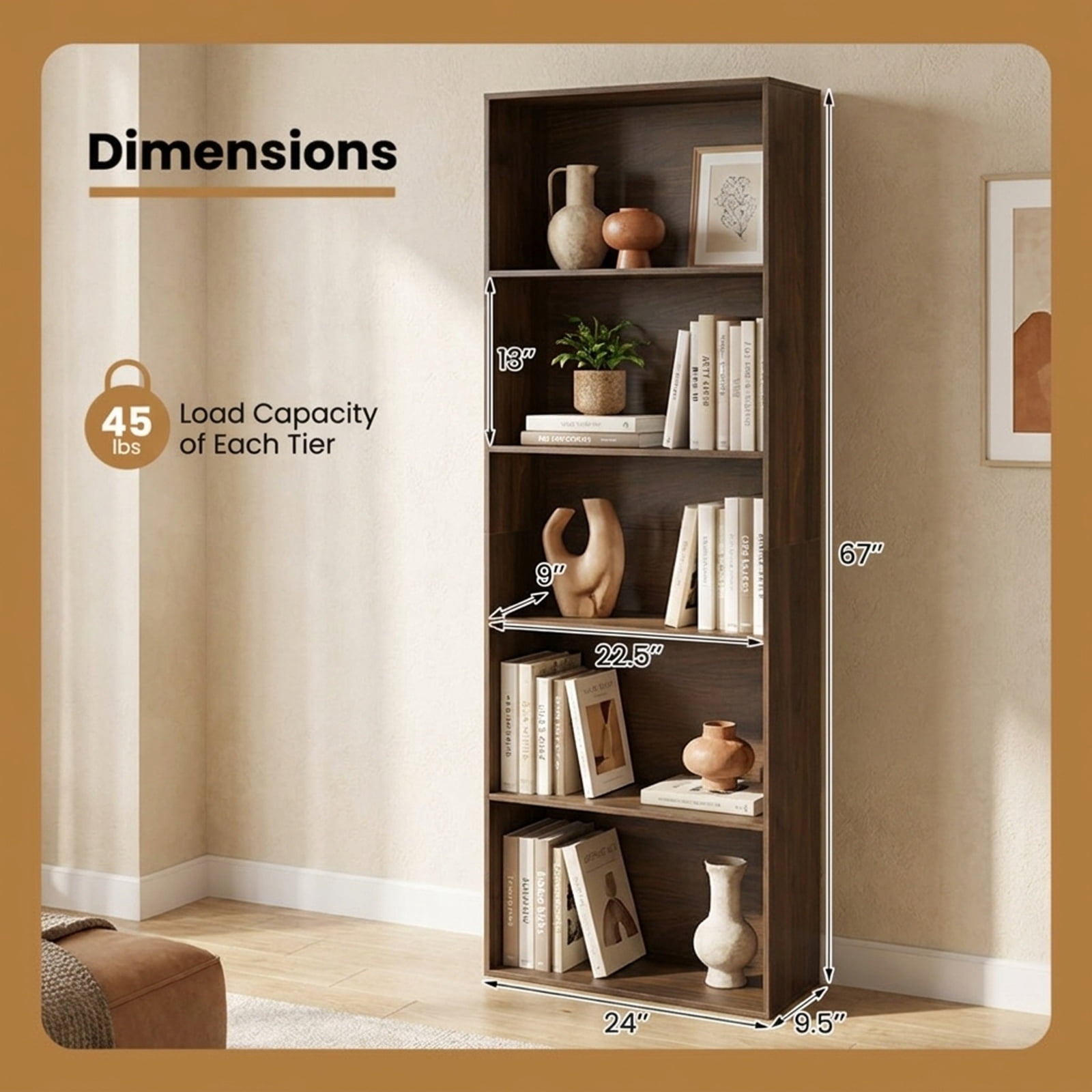 Furnibear 5-Tier Bookshelf Open Bookcase Freestanding Display Shelf Storage Organizer-Dark Walnut for Living Room Home Office Bedroom, Dark Brown