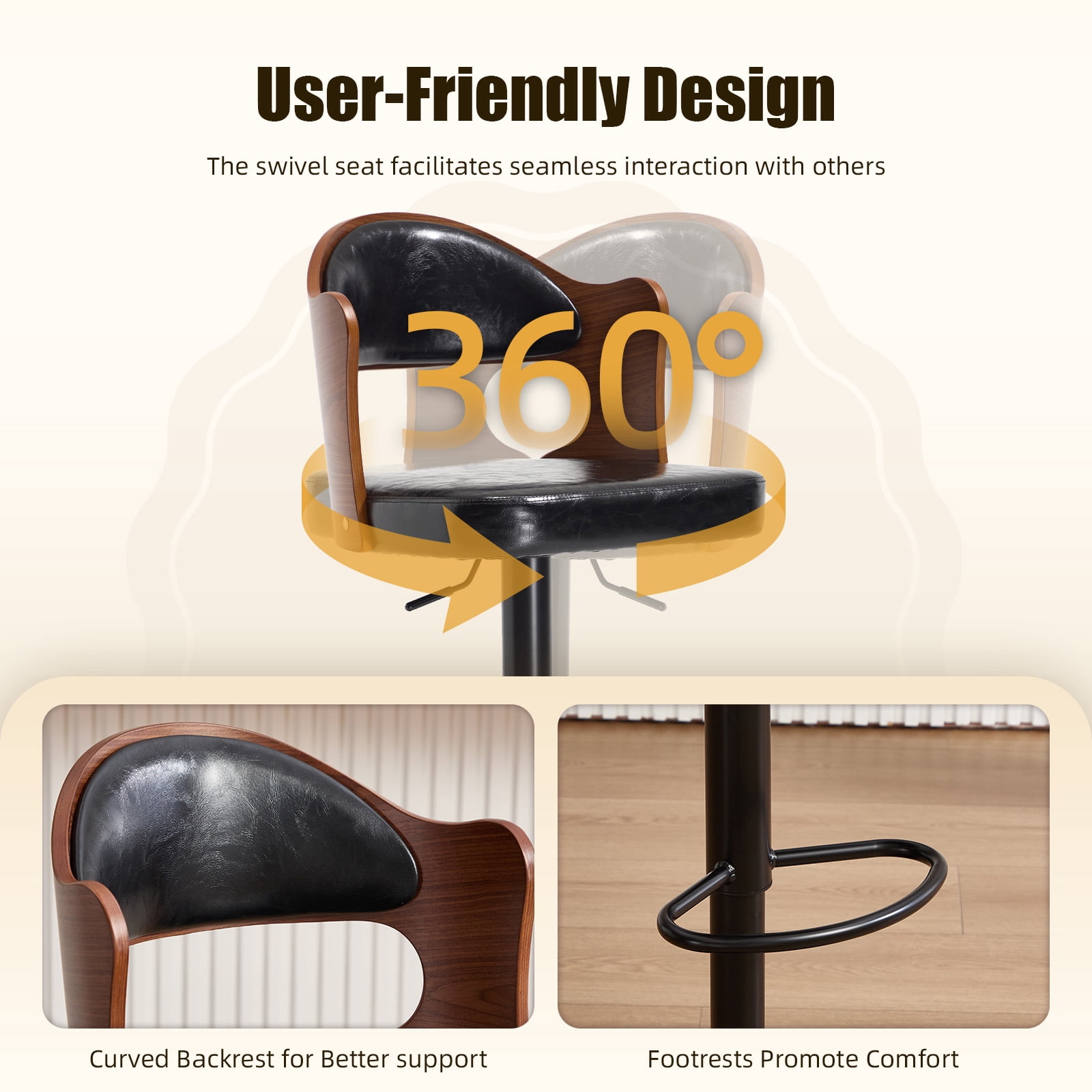 Homefun Swivel Bar Stools Set of 2,Wooden Upholstered Scratch-Resistant Fabric with Back,Chairs for Kitchen Island,Black