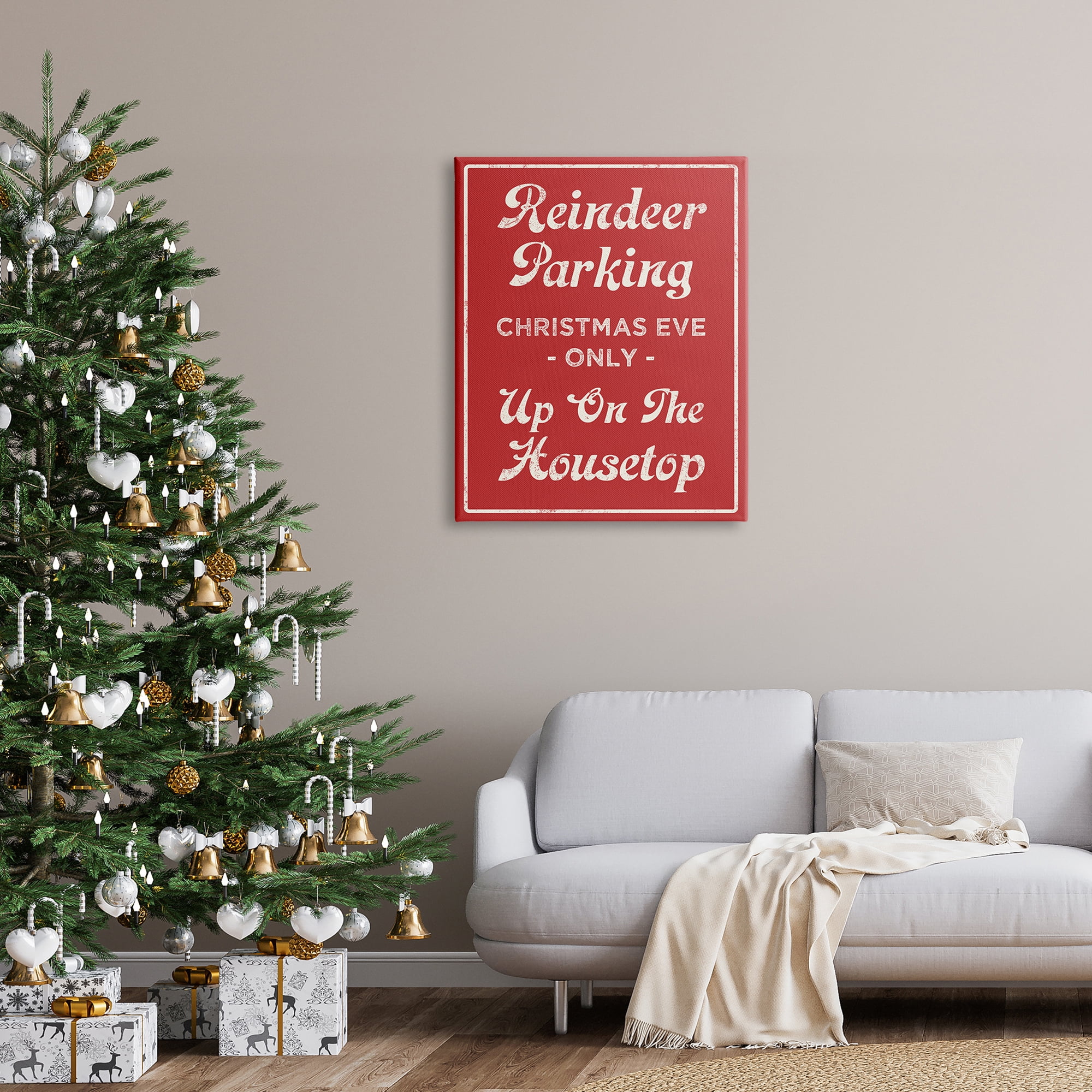 Reindeer Parking Sign Festive Christmas Vintage Text Holiday Graphic Art Gallery-Wrapped Canvas Print Wall Art