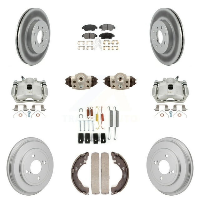 Transit Auto Front Rear Disc Brake Caliper Coated Rotors Drums Ceramic Pads Shoes Wheel Cylinders and Hardware Kit (11Pc) for Car 2015-2019 Honda Fit KCG-101191T