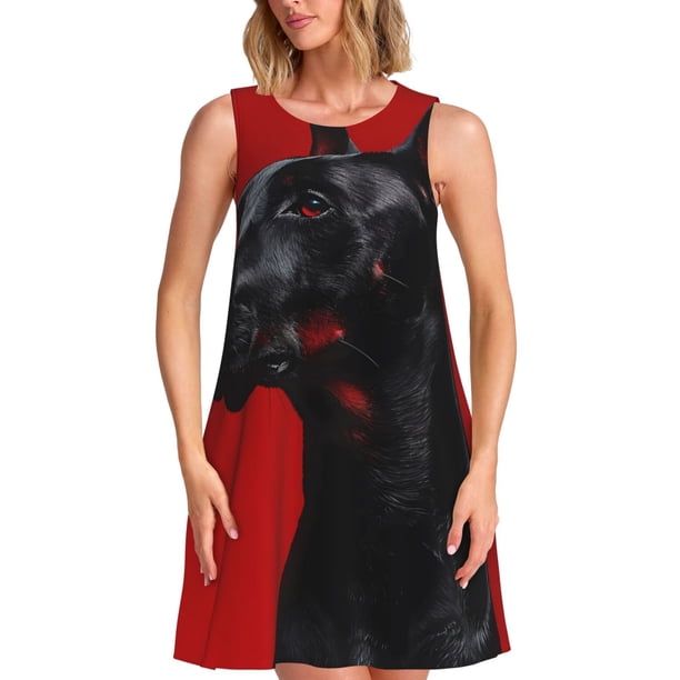 Fotbe Black Dog Red Background Vestido de Verano sin Mangas para Mujer – Vestido Midi Línea A, Estilo Camiseta Floral, Vestido Playero Casual y Fluido