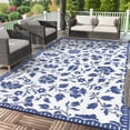 thumbnail image 2 of Navy Blue Reversible Outdoor Rug Waterproof, Vintage Plastic Straw Carpet with Portable Bag, UV Resistant Lightweight Patio Mat for Backyard Beach RV Deck, White, 2 of 13