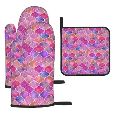 

Kitchen Baking 3 Piece Set Microwave Heat Proof Hand Set Oven Mitts For Kitchen Open Lid Microwave Oven Dishes Outdoor Barbecue Vintage Pinkpurple Moroccan Watercolor