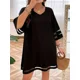 thumbnail image 2 of Vestido negro de talla grande para mujer, vestido Retro informal de longitud media con cuello en V, holgado, informal, de manga larga, 2 of 3