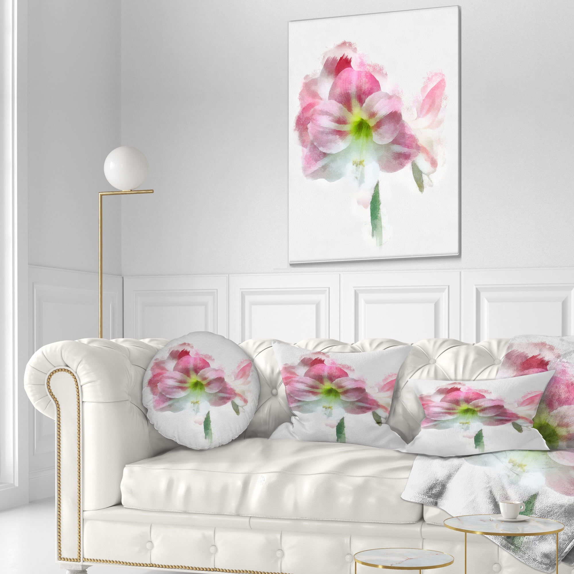 Designart Pink Lily Flowers on White Sketch - Floral Throw Pillow - 12x20