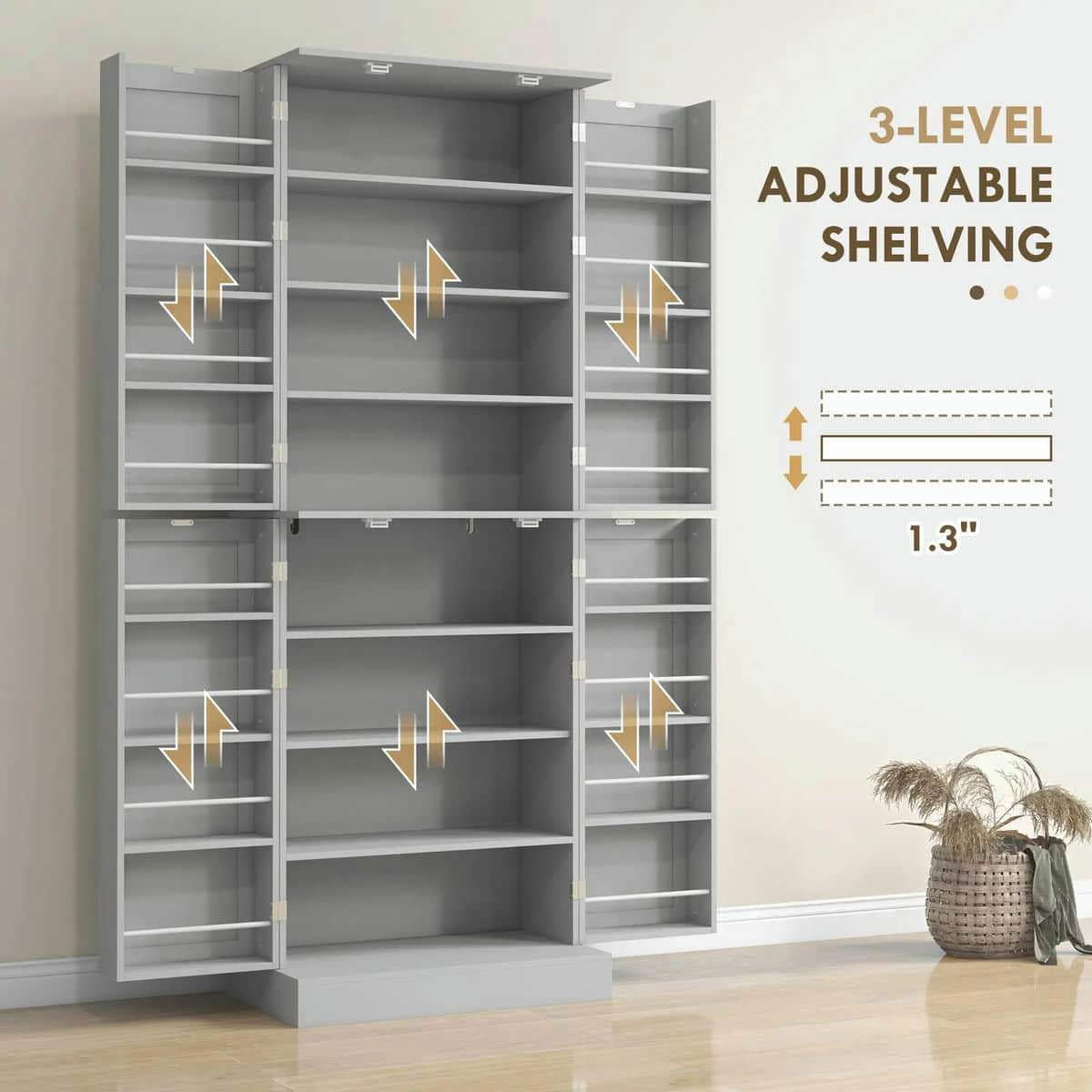 Spaco 65" Kitchen Cabinet, Kitchen Pantry Cabinet with 4 Doors and 16 Door Shelves, Storage Cabinet for Indoor as Dining Room, Gray