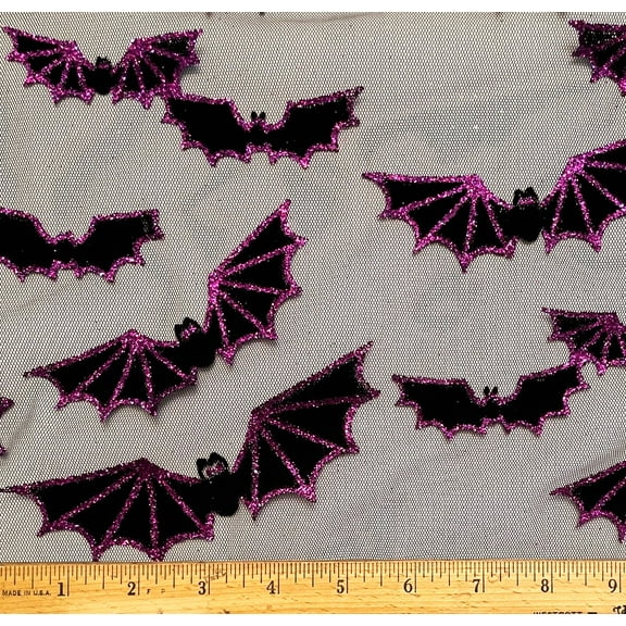 1 Yard - Halloween Purple Glitter Bats on Black Polyester Mesh Fabric (Great for Party Table Decoration, Sewing, Craft Projects, & More) 1 Yard X 58" Wide