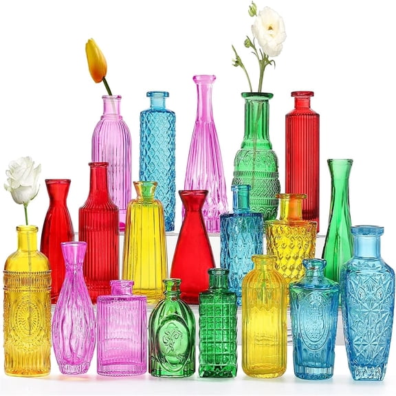 Color Bud Vases in Bulk -Glass Colorful Bud Vase Set Small Flower Glass for Centerpieces,Mini Vintage Style for Rustic Wedding Drations, Holiday Party Table Flower Dr (20 Colors)