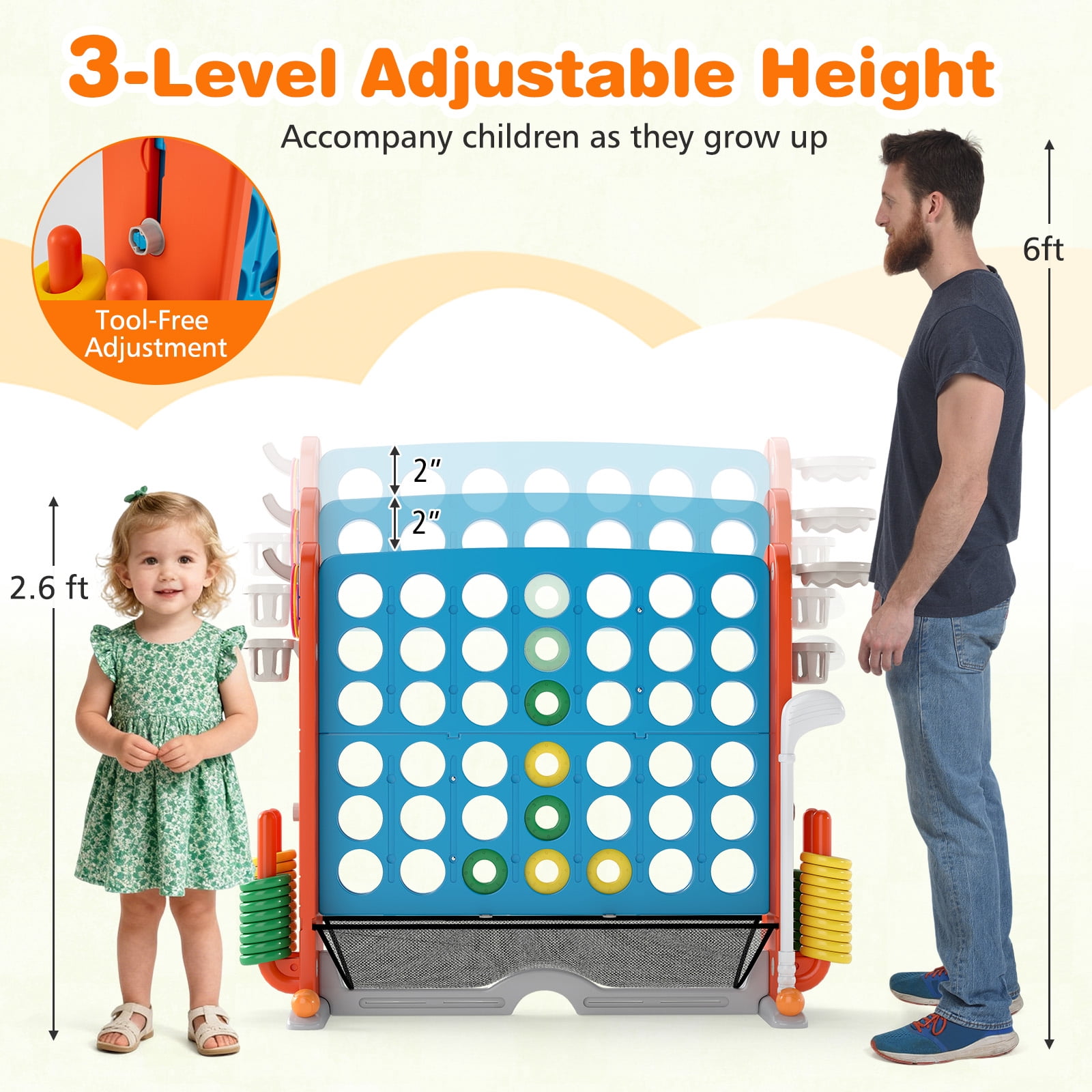 Patiojoy Giant 4-in-A-Row Connect Game Set Height Adjustable 4-to-Score Game Light Blue & Gray