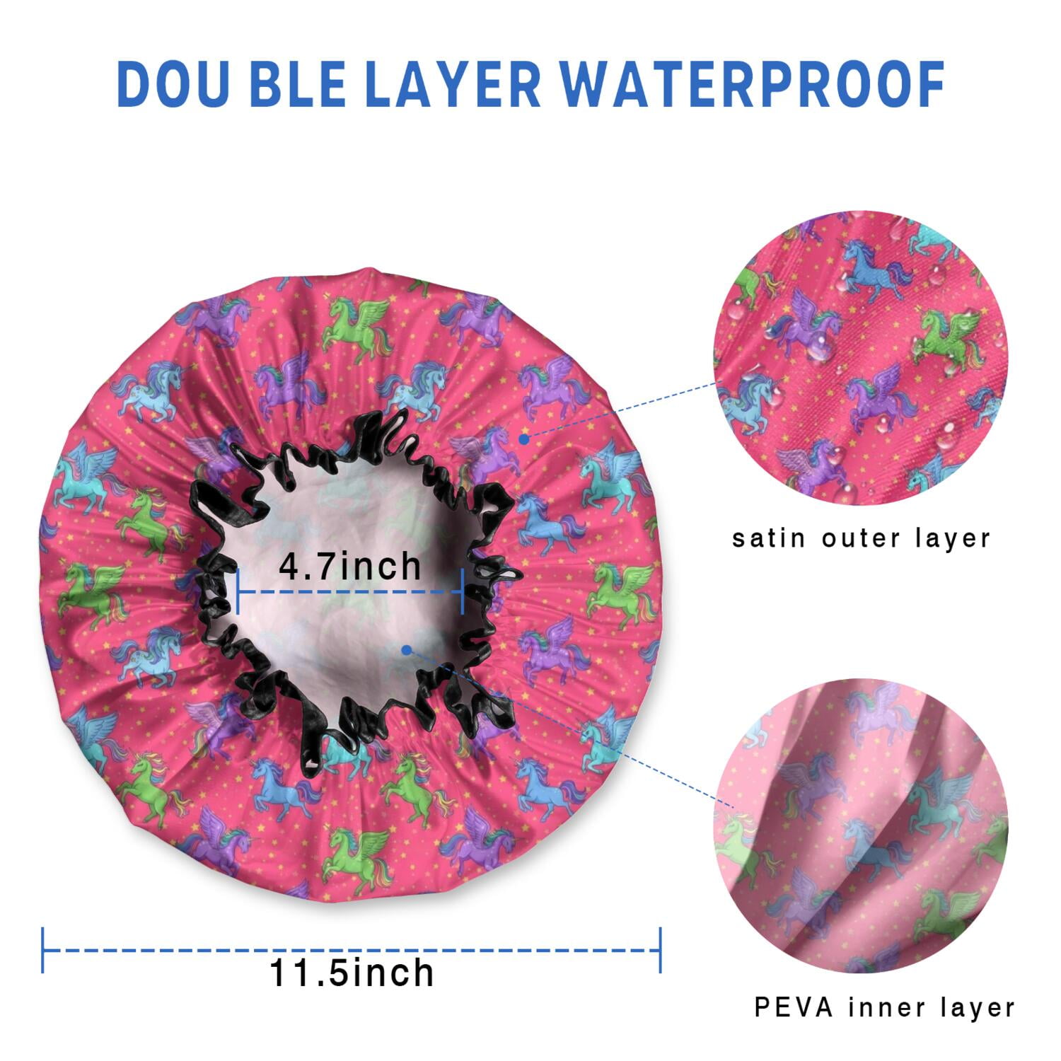 Shower Caps,Red Cartoon Unicorn Pattern Waterproof Shower Cap for Women 4 Pieces,Double Reusable Hair Cover for Shower PEVA Elastic Stretch Hem