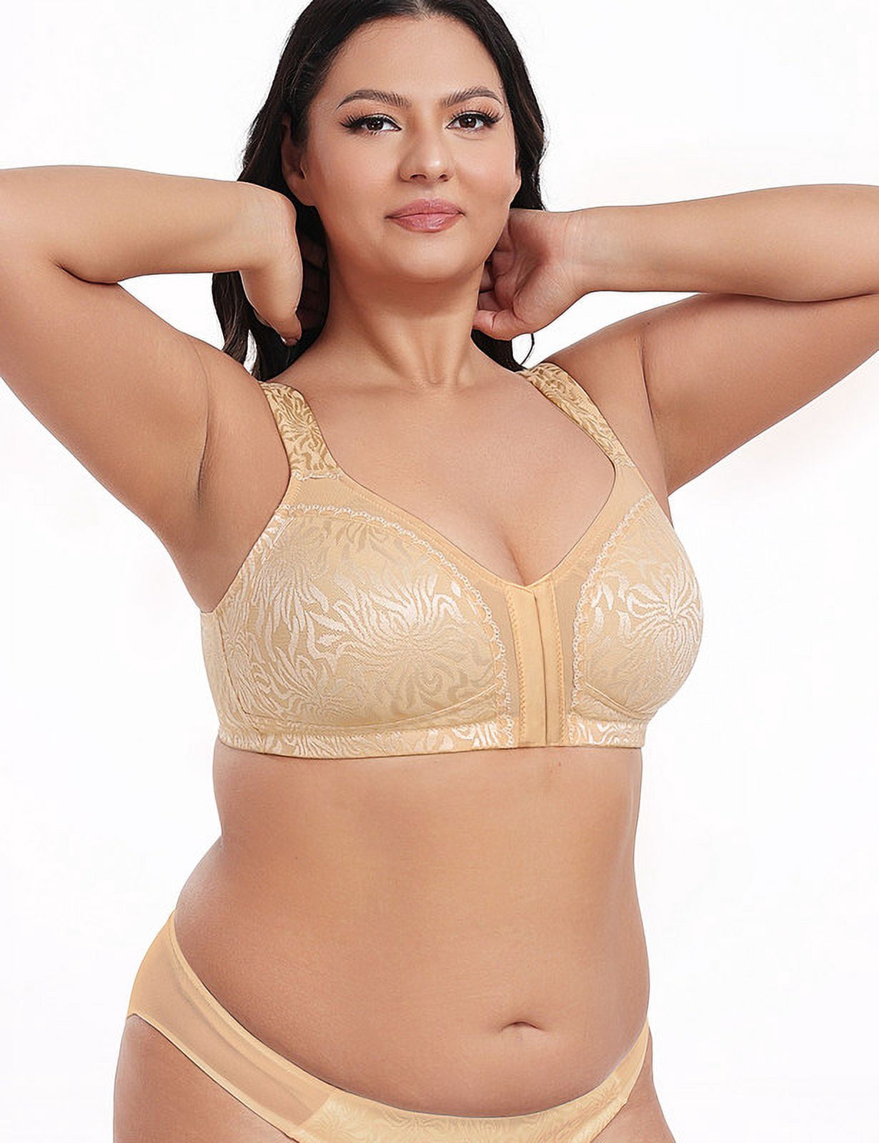 WingsLove Front Fastening Bras for Women Minimizer Wireless Non Padded Full Coverage Back Support Plus Size Bras (Dark Nude,42C)