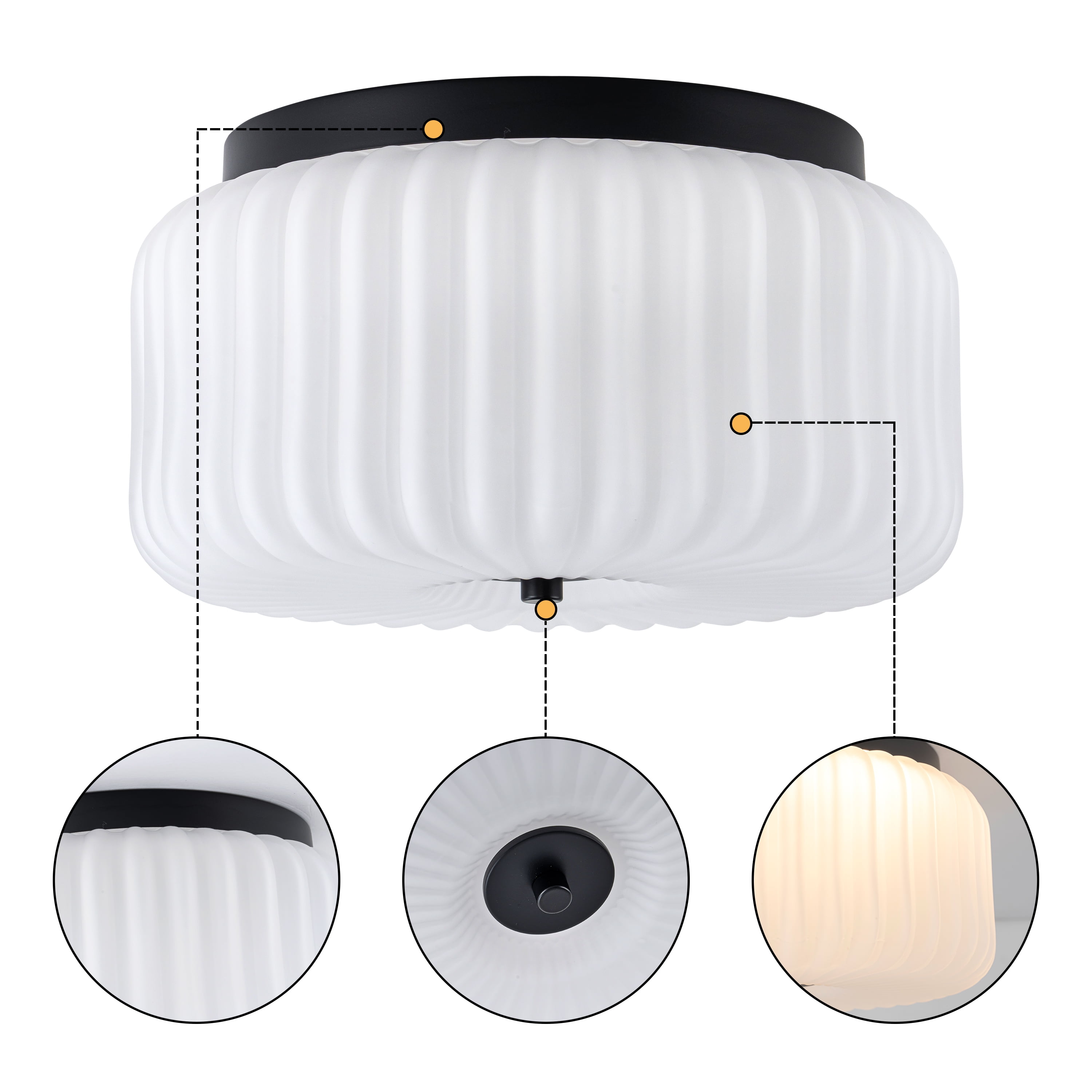 C Cattleya 10.75 in. Black Flush Mount Ceiling Light with White Ribbed Glass Shade
