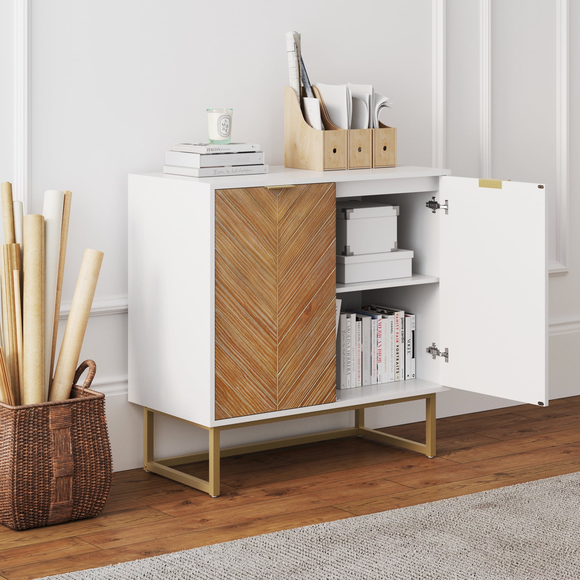 Nathan James Enloe White Frame Brown Rustic Doors Gold Base Free Standing Modern Storage Cabinet for Entryway
