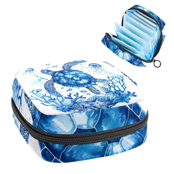 Sanitary Napkin Storage Bag for Girls Women, Portable First Period Pads Bag Tampons Holder Girls Travel Makeup Bag, Large Capacity Nautical Jellyfish Turtle and Coral