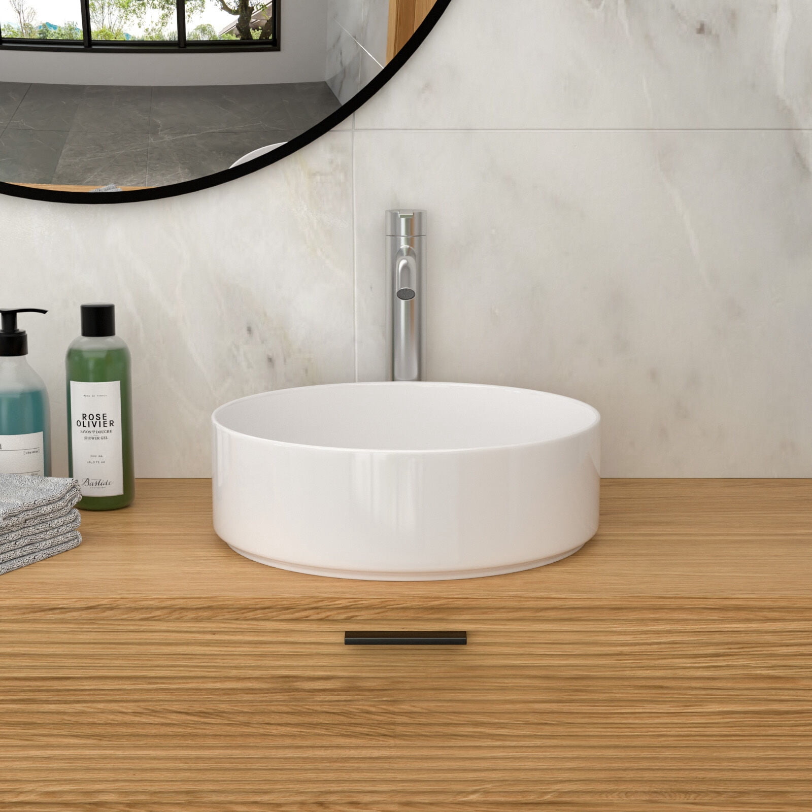Vanity With Sink, 15.75"x15.75" White Ceramic Vessel Bathroom Sink, White Bathroom Vanity,Ceramic Single Sink Vanity, Bath & Faucets Bathroom Vanities