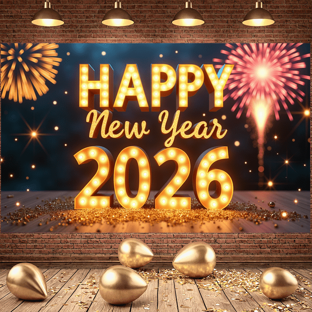Decorative Design New Year Banner Colorful Theme Celebration Banner Balloon Decoration Fireworks Party Banner for New Year Party Festival Gathering Event