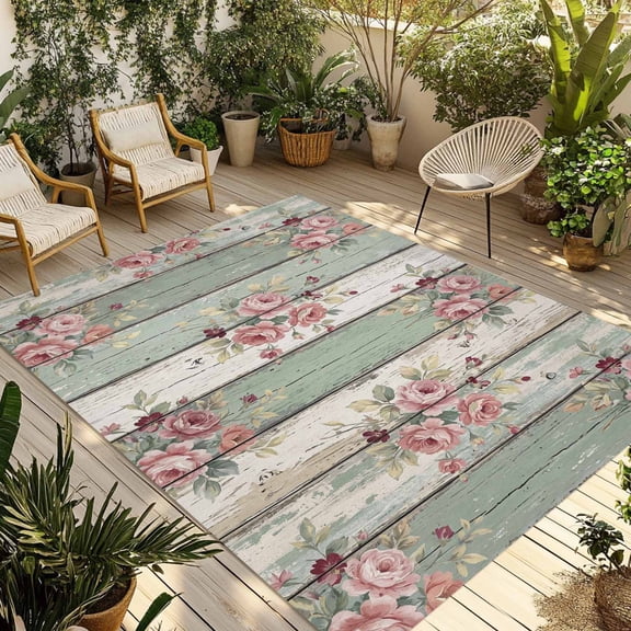 Outdoor Rug, Retro Pastoral Pink Flower Indoor Area Rug Outdoor Carpet RV Camping Rugs 5x8ft Farmhouse Sage Green Wood Plank Outside Mat for Patio Picnic Porch Deck Balcony Backyard