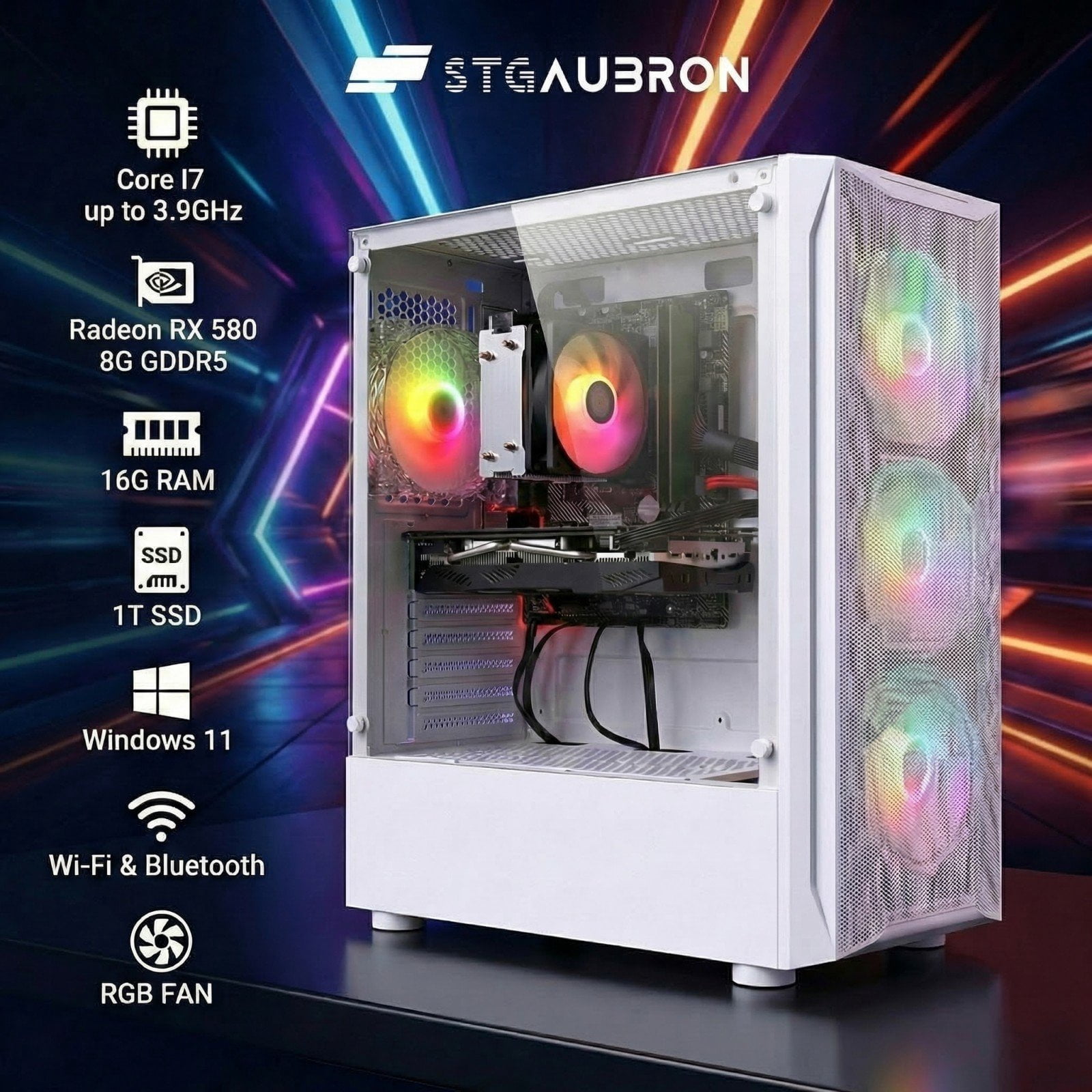 STGAubron Gaming Desktop PC, Intel Core I7 up to 3.9G, RX 580 8G, 16G RAM, 1T SSD, WiFi 6, BT 5.0, RGB Fan x4, Win 11 Home