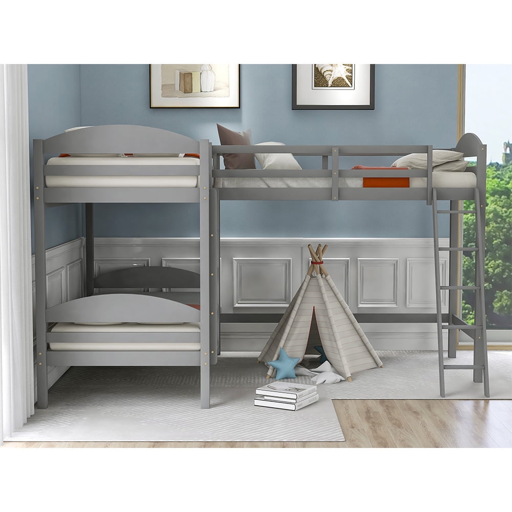 Twin Bunk Beds L-Shaped Bunk Bed and Loft Bed with Ladder and Guard for Teens Bedroom, Gray