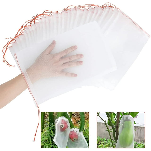 100 bolsas de protección de frutas para árboles frutales de 8 x 12 pulgadas, bolsa de malla verde para frutas, bolsas de red para cubrir frutas para verduras con cordón para proteger de