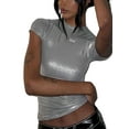 thumbnail image 2 of Coduop Women's Trendy Skinny Crop Tops Silver Short Sleeve Slim Fit Tees Basic Skinny T-shirt, 2 of 7