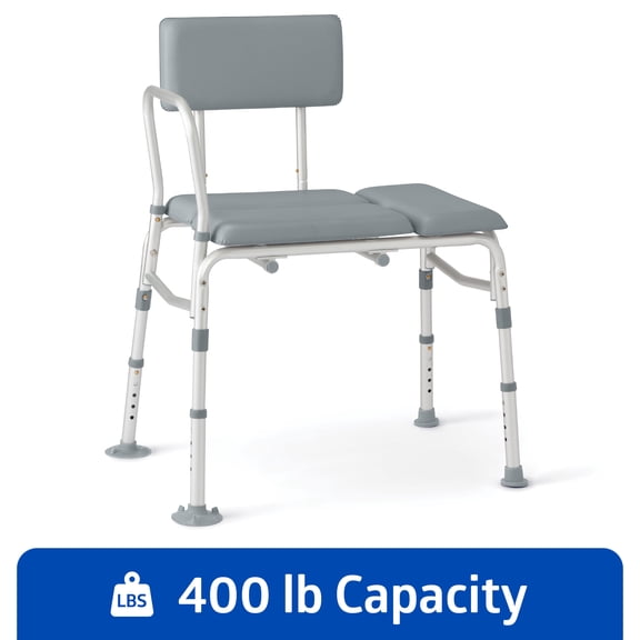 Medline Shower and Bathtub Chair Transfer Bench, Sturdy and Commode, 400 lb Weight Capacity, Aluminum, Gray