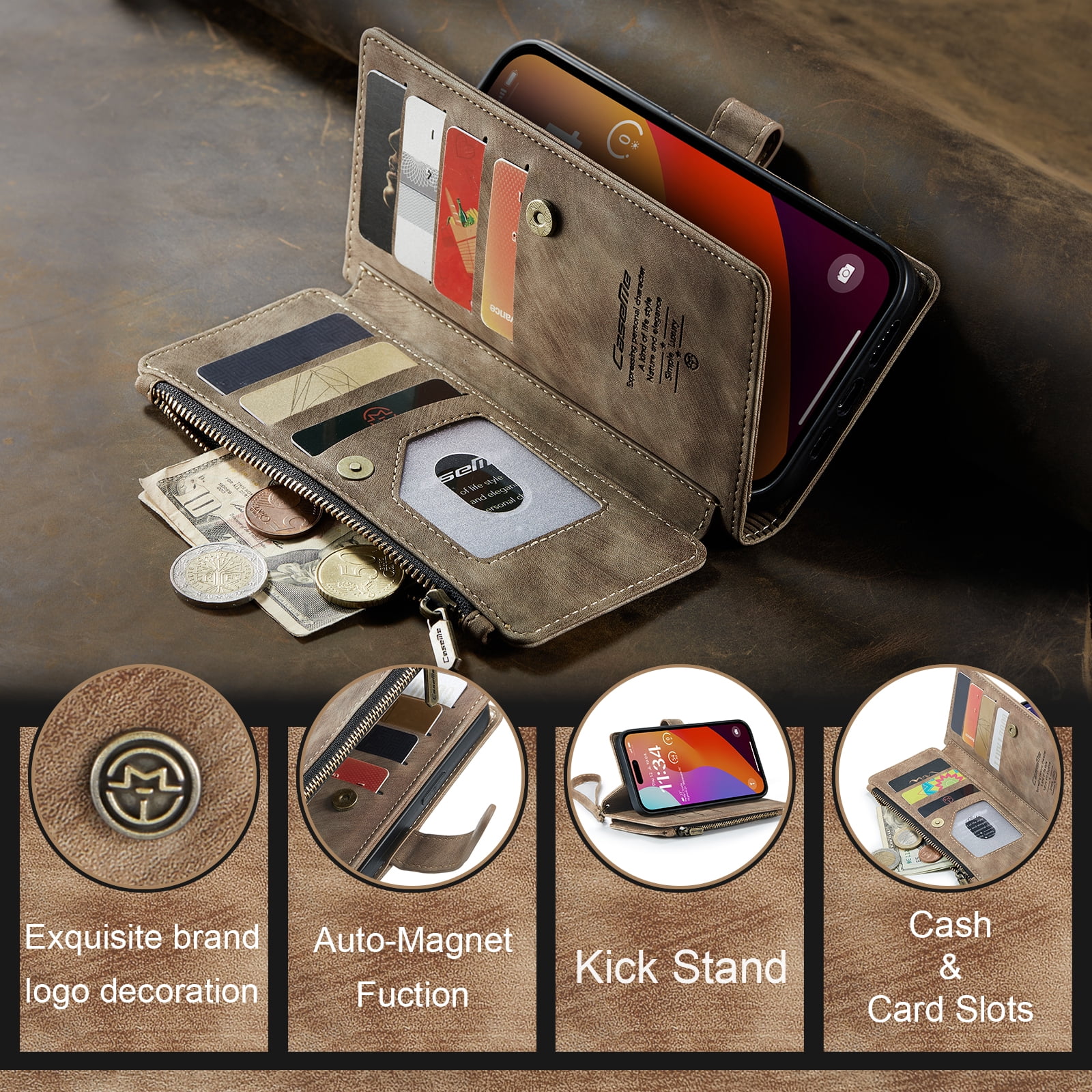 Dteck for iPhone 15 Pro Case with Card Holder, Premium iPhone 15 Pro Wallet Case for Women Men, Heavy Duty Durable PU Leather With Flip Zipper Pocket Phone Case w/ Wrist Strap Lanyard,Brown