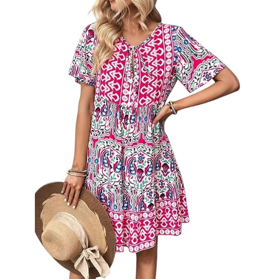 Women'S V Neck Patchwork Dress Bohemian Print Mini Skirt Summer Casual Beach Chic Pink XL