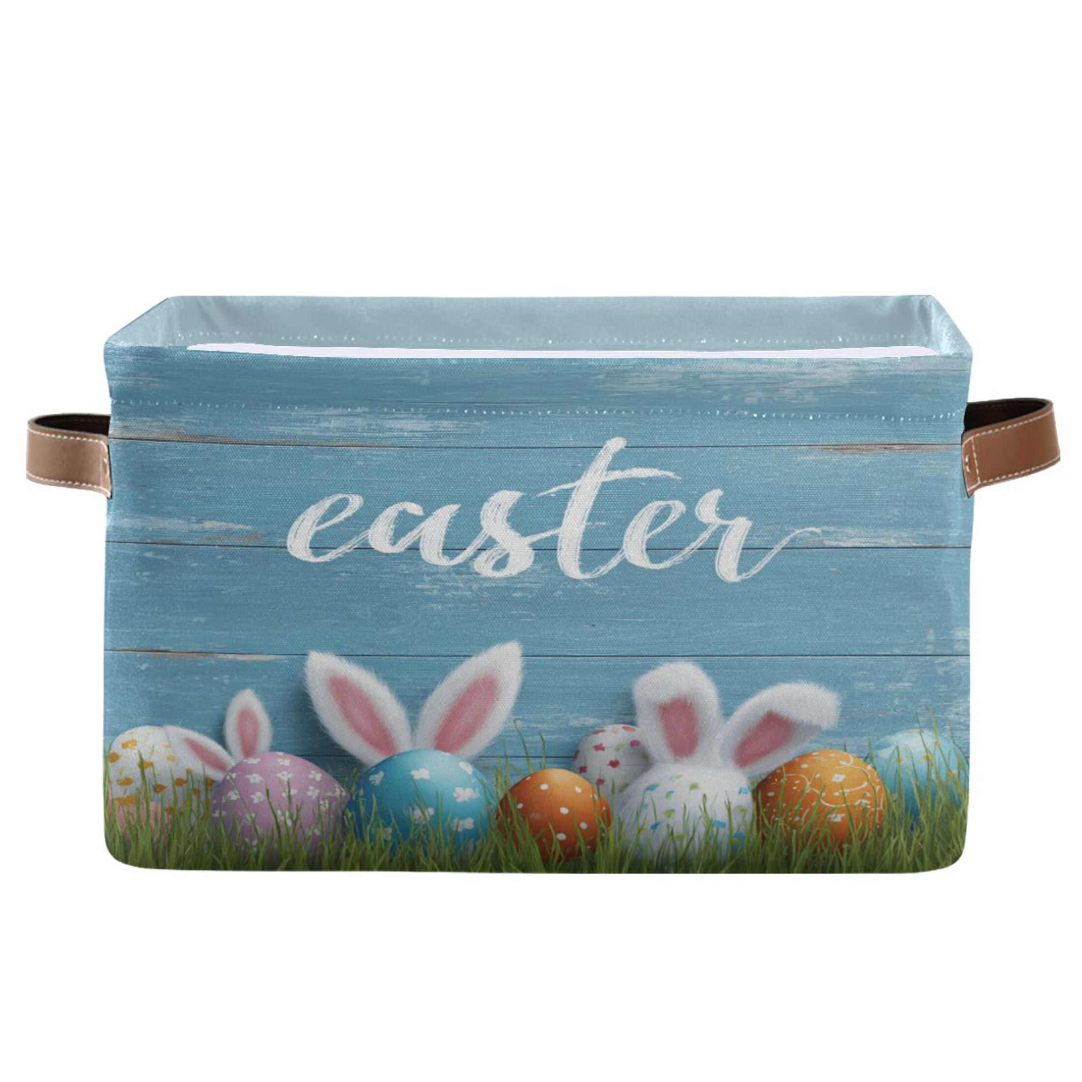 Wobogo Bunny Ear Easter Egg Square Storage Basket Set of 2 with Waterproof Canvas and PE Lining Durable PU Leather Handles 14.2×10.2×8.3in