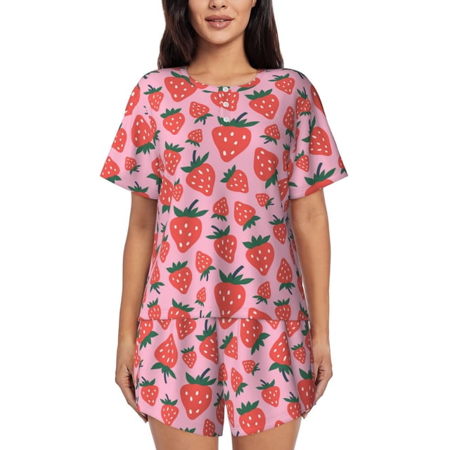 Balery Cartoon Strawberry Conjunto de Pijama para Mujer con Estampado, Dos Piezas de Manga Corta y Shorts, Ropa de Dormir Suave con Cuello Redondo y Bolsillos-3X-Large