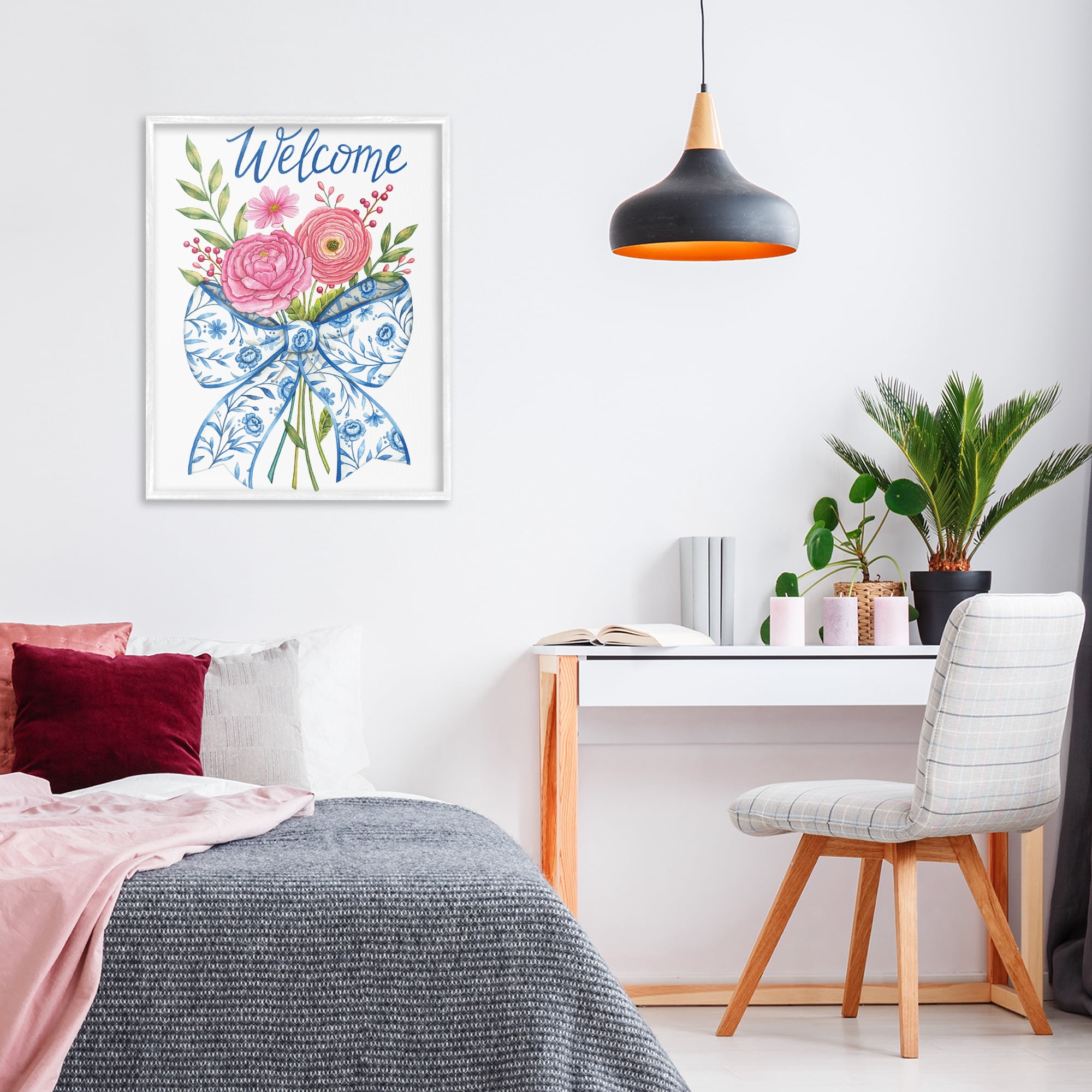 Stupell Industries Bow & Flowers Welcome White Framed Giclee Art, design by Deb Strain