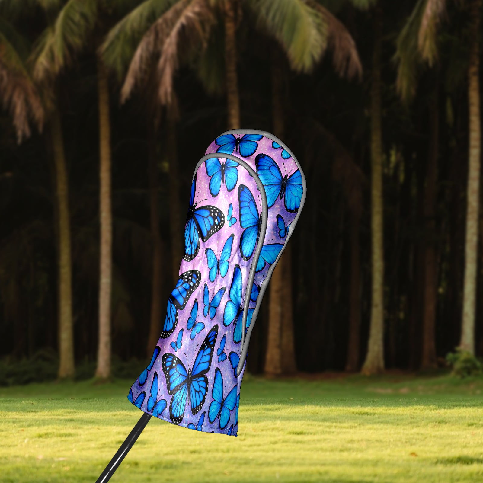 Golf Club Head Covers - Blue Butterflies Design, Premium PU Leather Driver Hybrid Headcovers with Velvet Lining, Waterproof Golf Gifts for Men Women