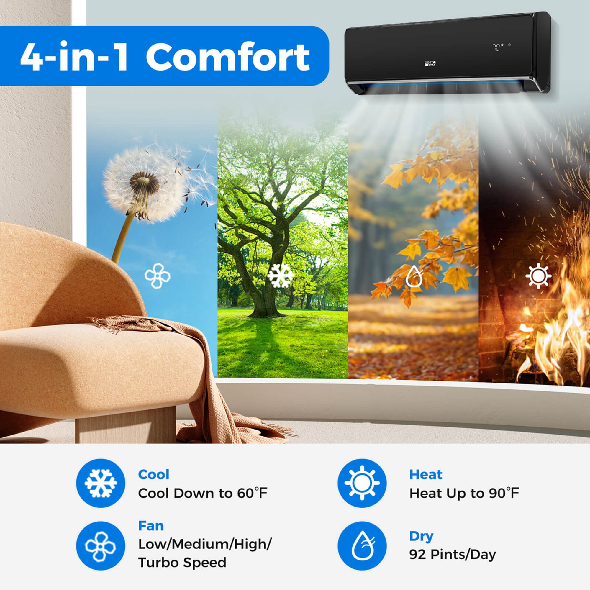 Costway 24000 BTU Wifi Enabled Mini Split Air Conditioner & Heater with Heat Pump Black
