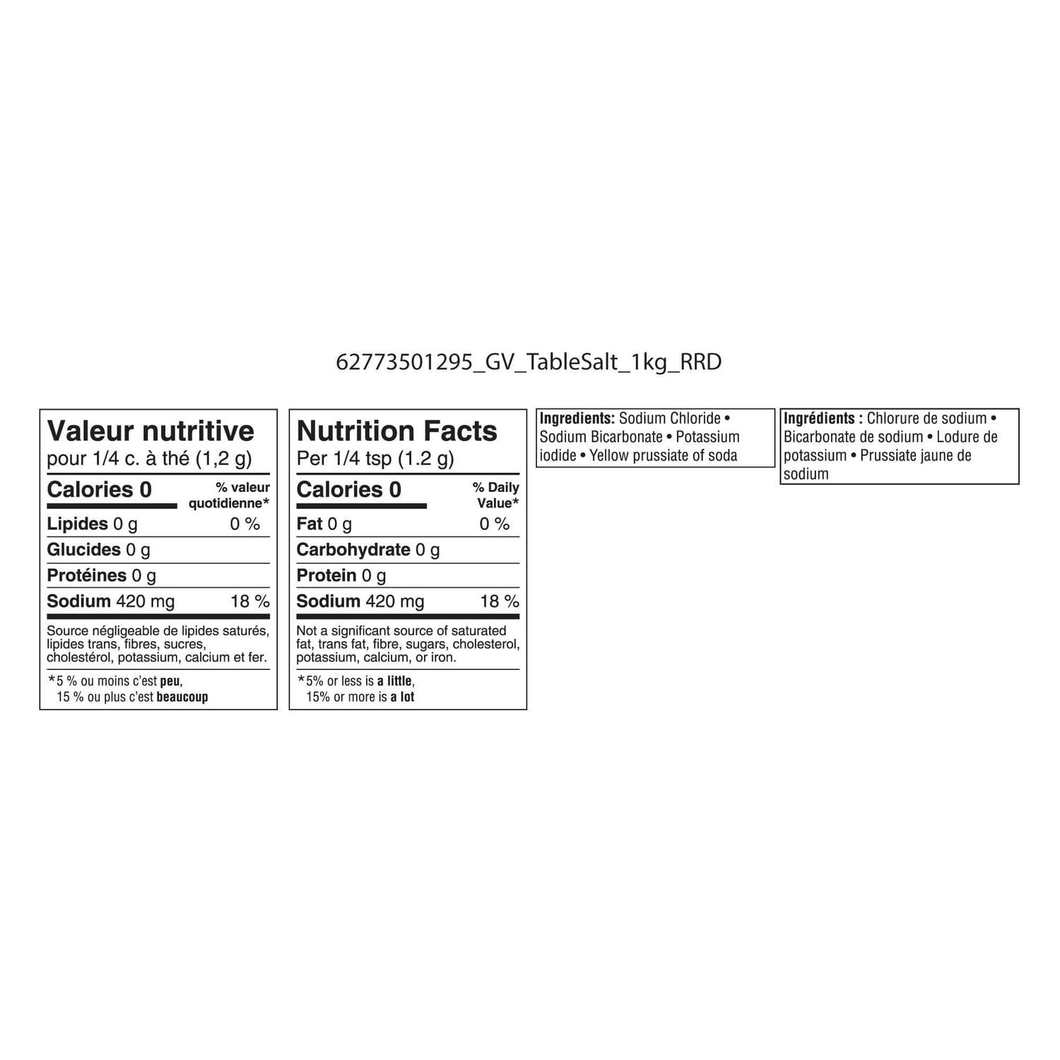 Sel de table iodé Great Value 1 kg