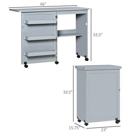 HomCom 46" Drop Leaf Mobile Sewing Table with 3-Tier Storage Bins & Shelf, Grey